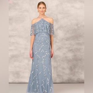 HAND BEADED COLD SHOULDER POPOVER LONG A-LINE GOWN IN VINTAGE BLUE